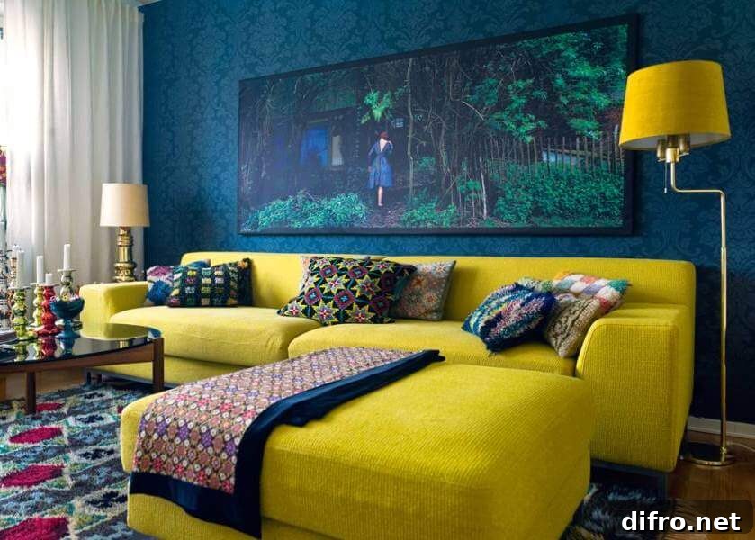 Yellow sofa in a moody, darker room