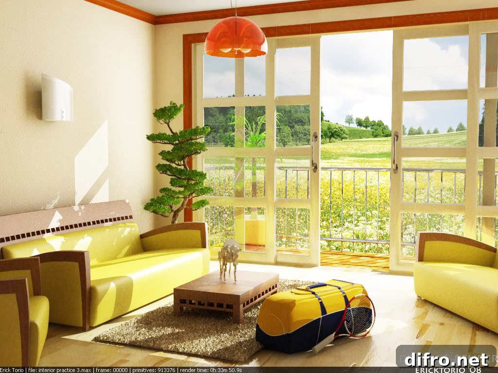 Yellow sofas arranged near sliding doors