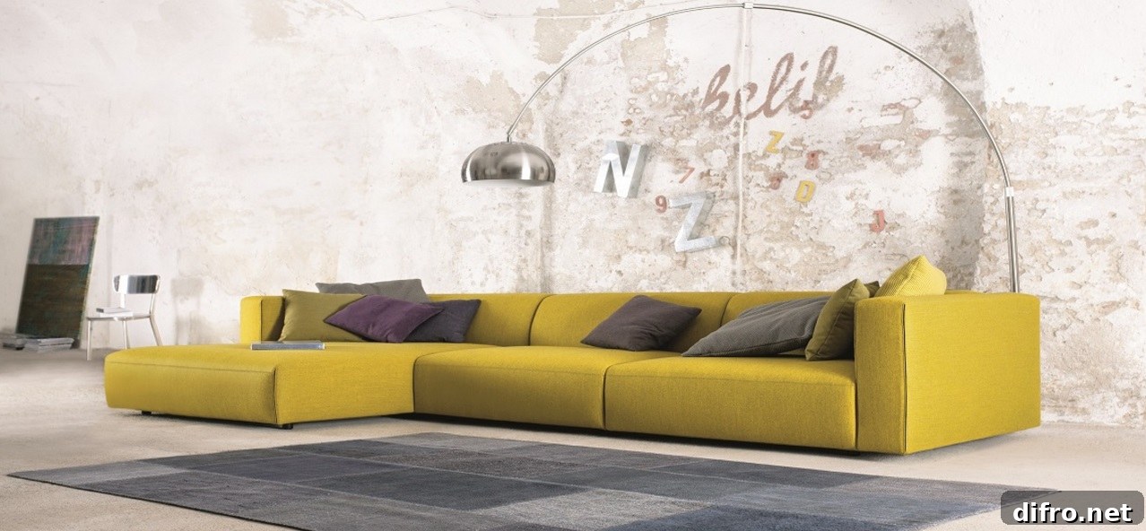 Yellow sofa brightening an industrial room