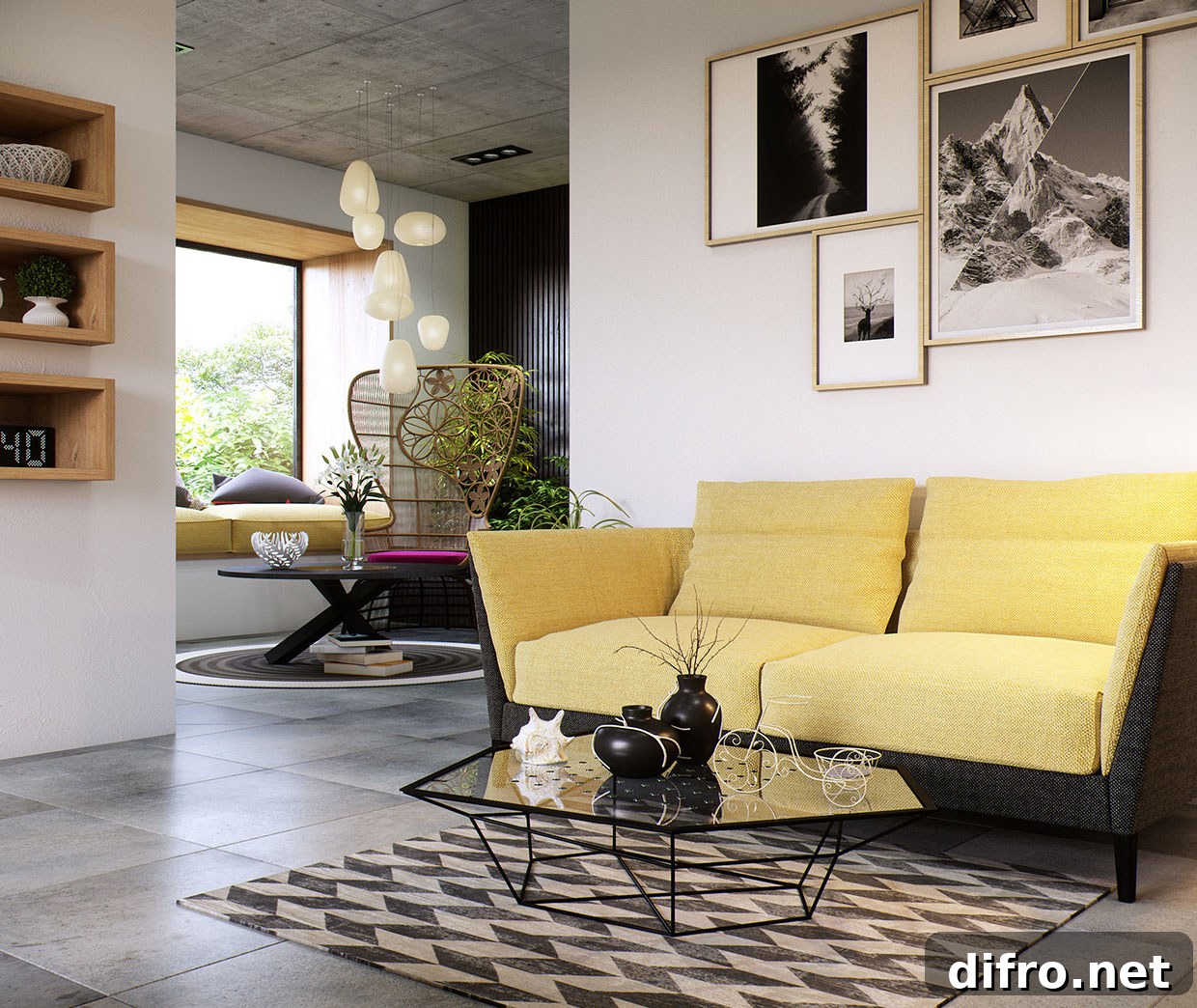 Yellow loveseat anchoring an open living room
