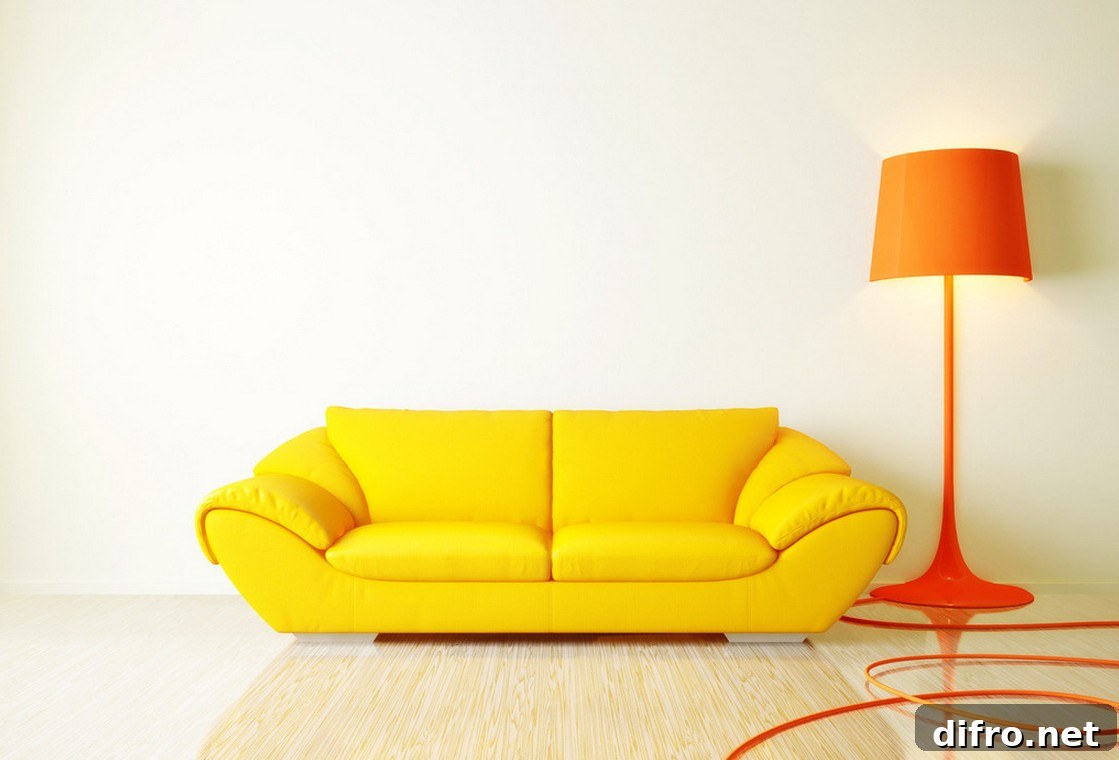 Yellow sofa paired with an orange lamp
