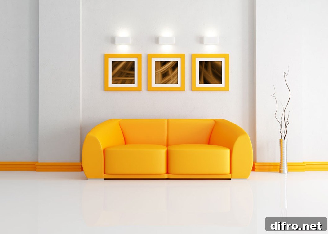 Bold yellow sofa creating a consistent interior