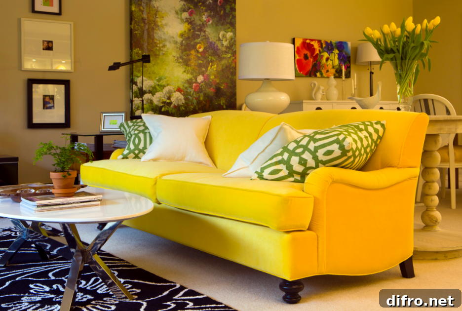 Vintage design sofa in bold yellow