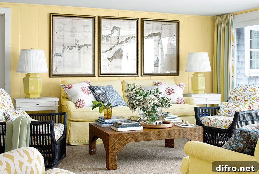 Yellow sofa in a pastel living room
