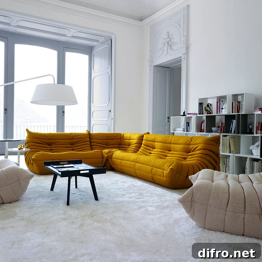 Gold yellow sofa highlighting a large room