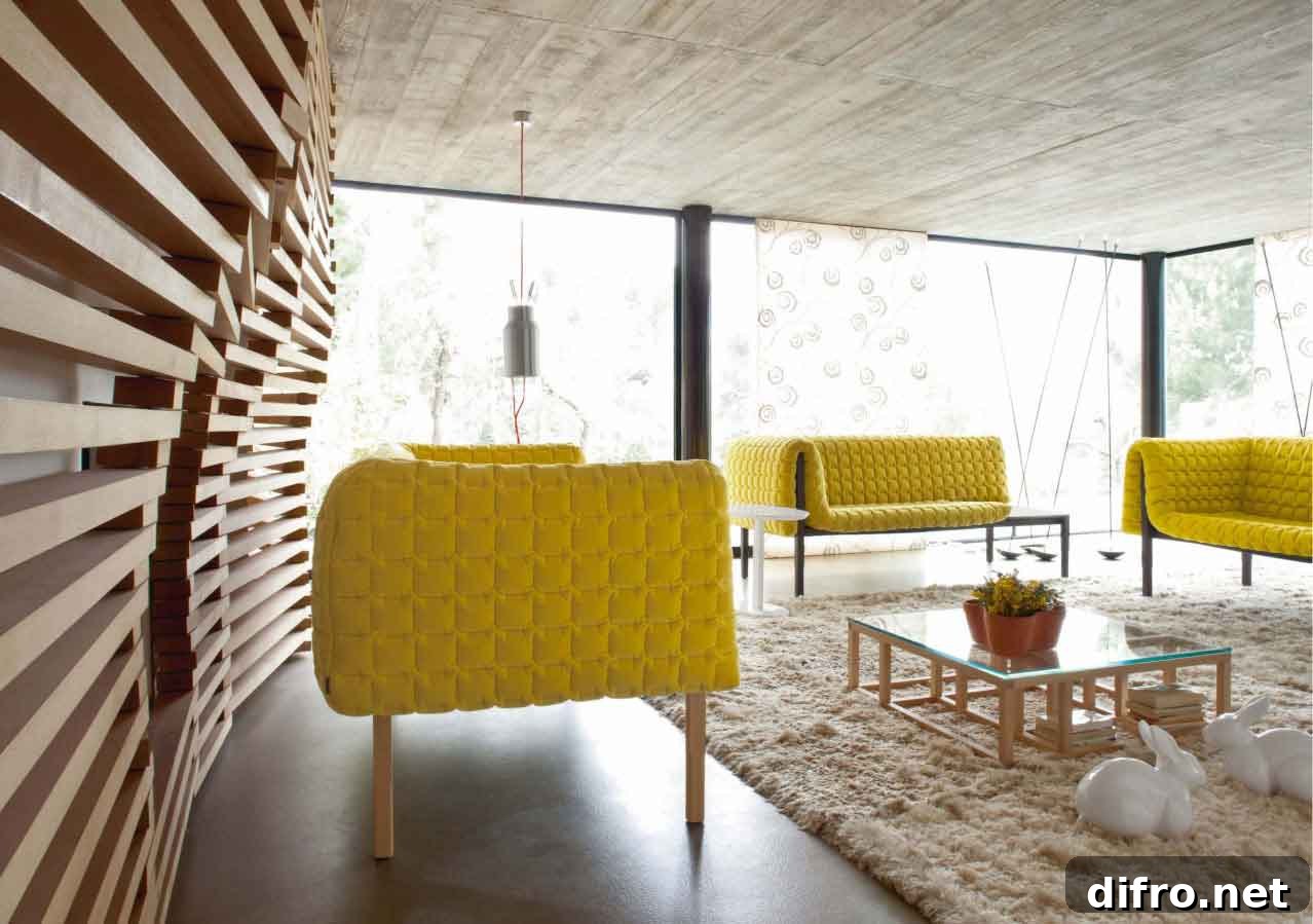 Yellow sofas in a modern wooden interior
