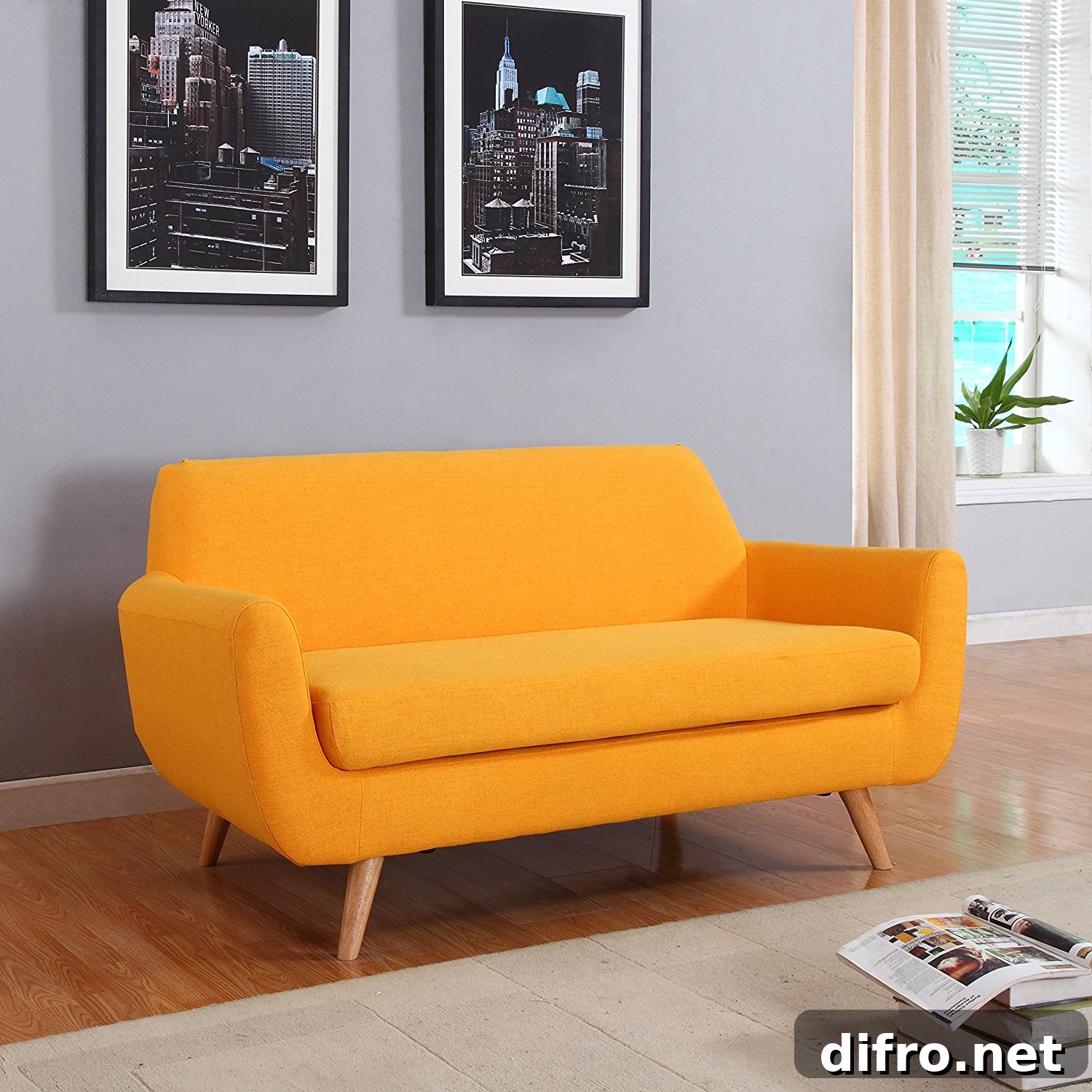 Almost orange shade yellow sofa in a modern living room