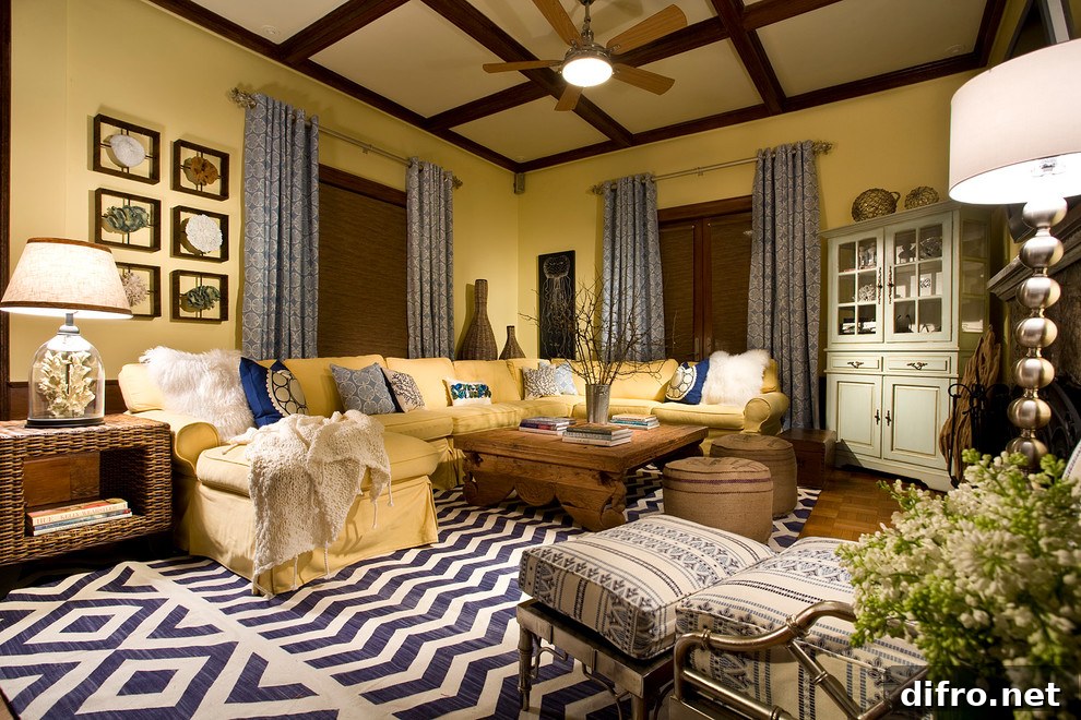 Cozy rustic living room with yellow sofa