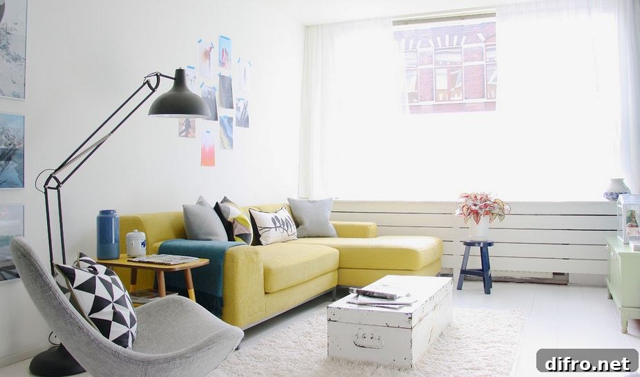Yellow sofa uplifting a white living room