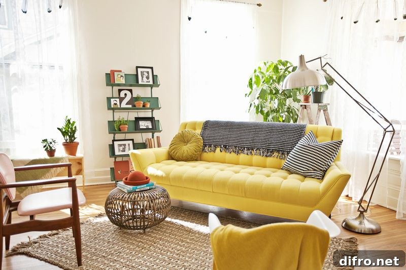 Bright yellow sofa creating an inviting living room