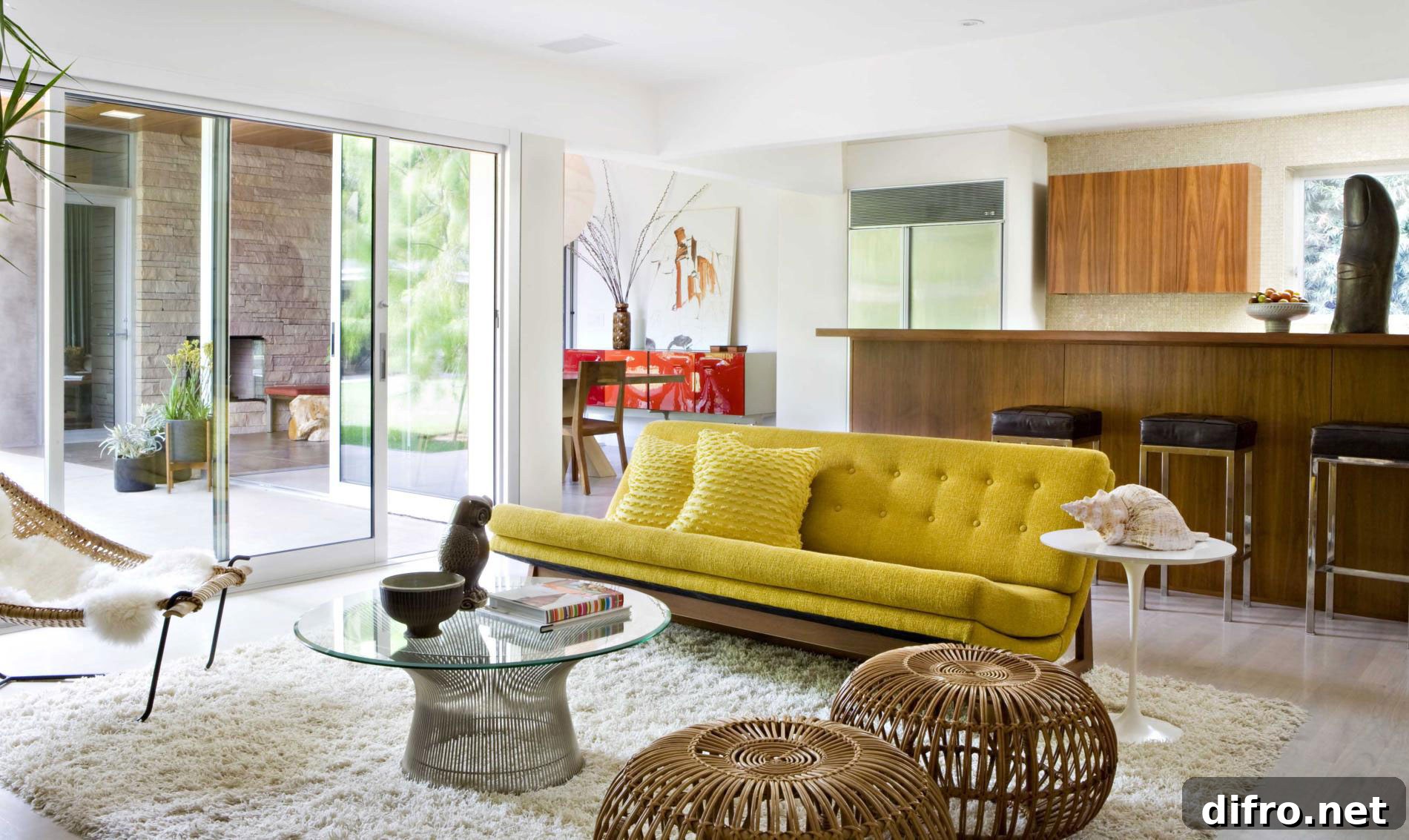 Minimalist living room with a yellow sofa