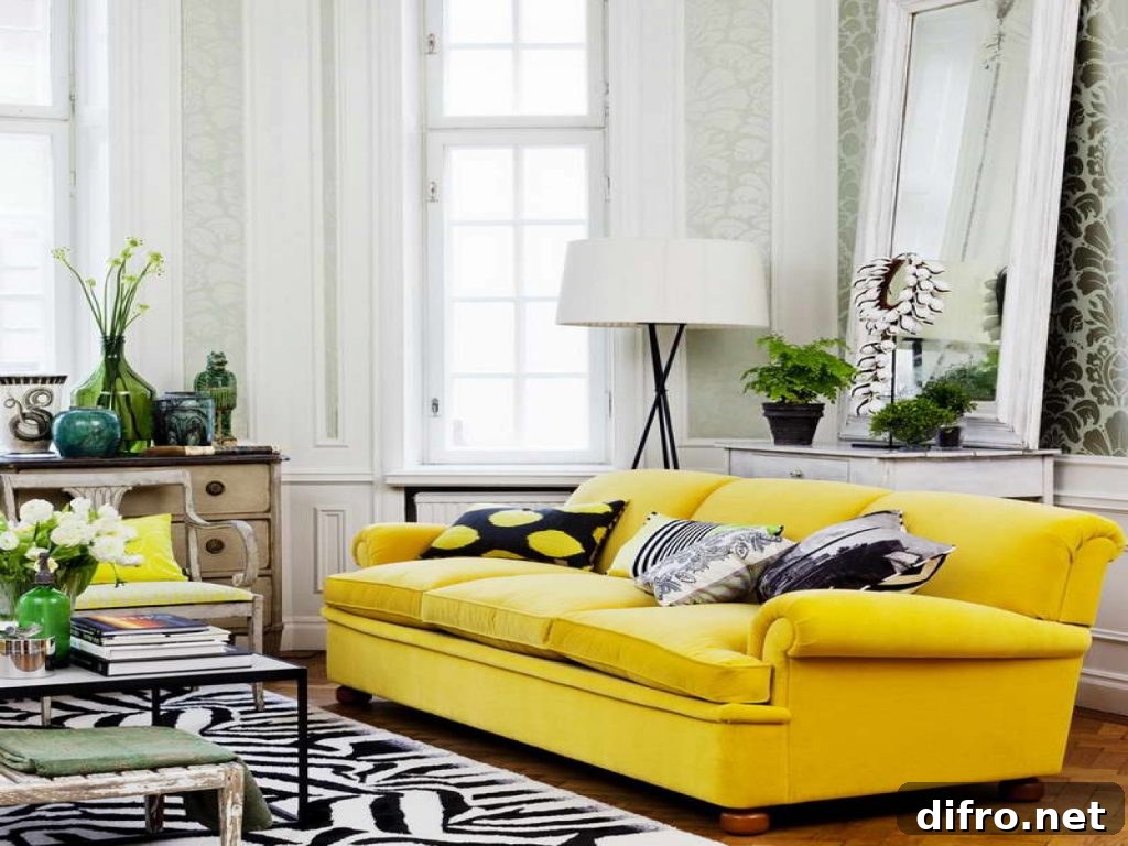 Yellow sofa as center of attention with potted plants