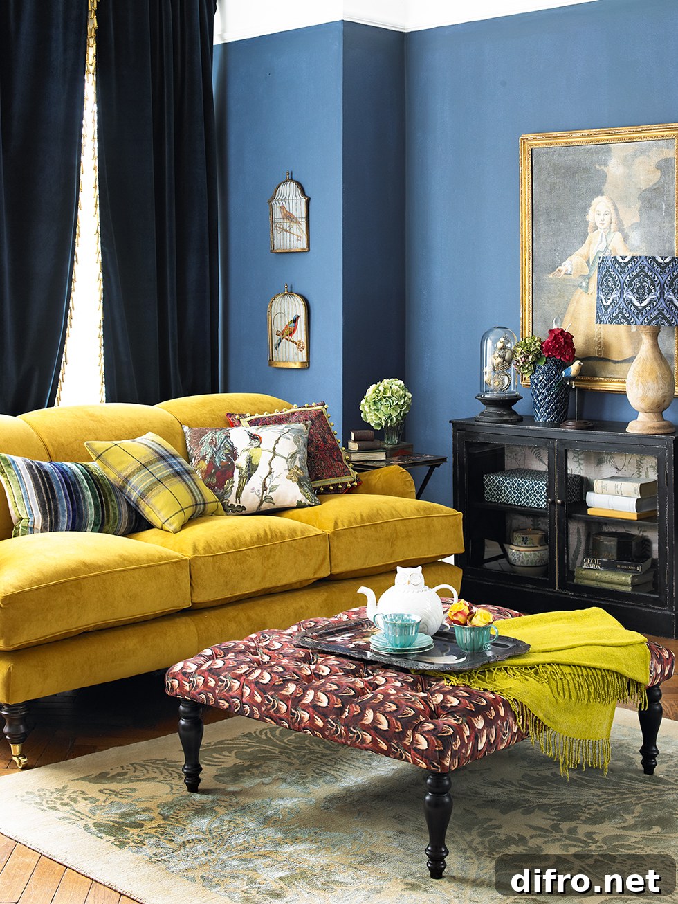 Old-fashioned living room with a darker yellow sofa