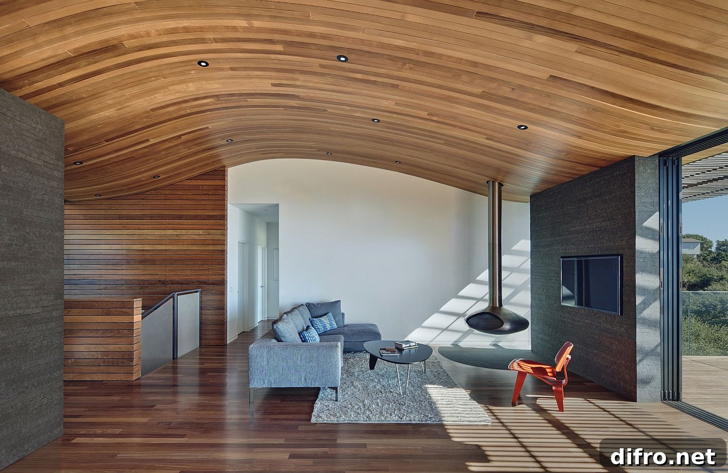 Curved wooden ceiling inside the Skyline House