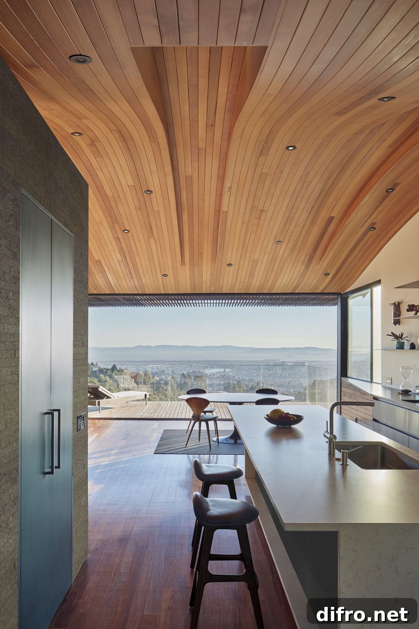 Wood tube ceiling design running through the open common space