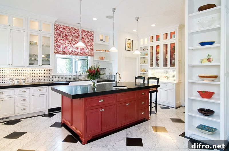 Red and black kitchen island