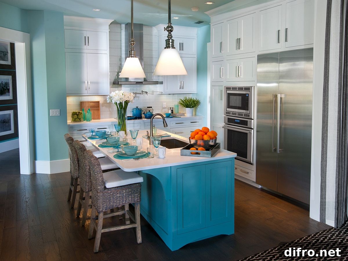 Coastal white and blue kitchen with an island