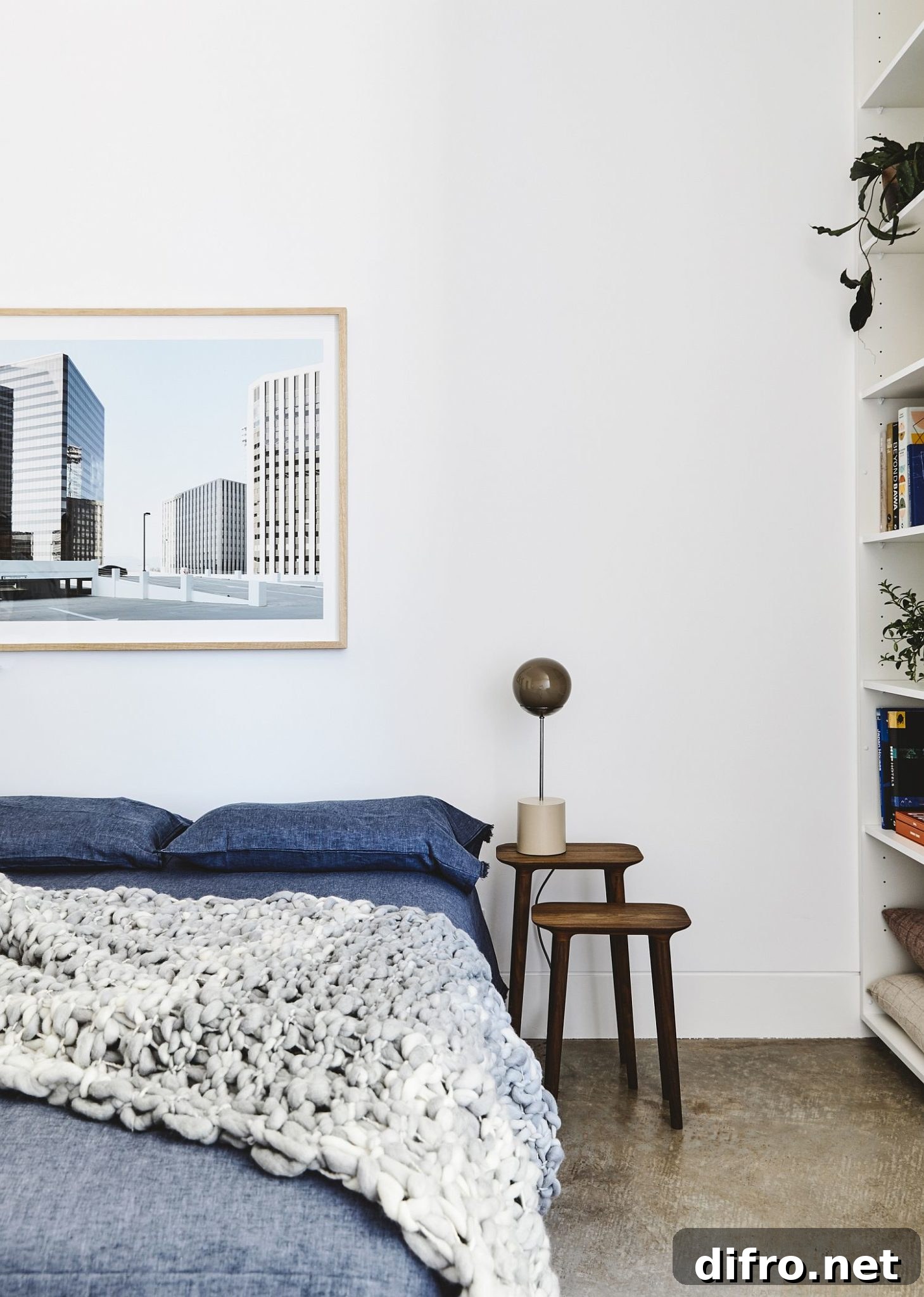 Bedroom in white with blue accents