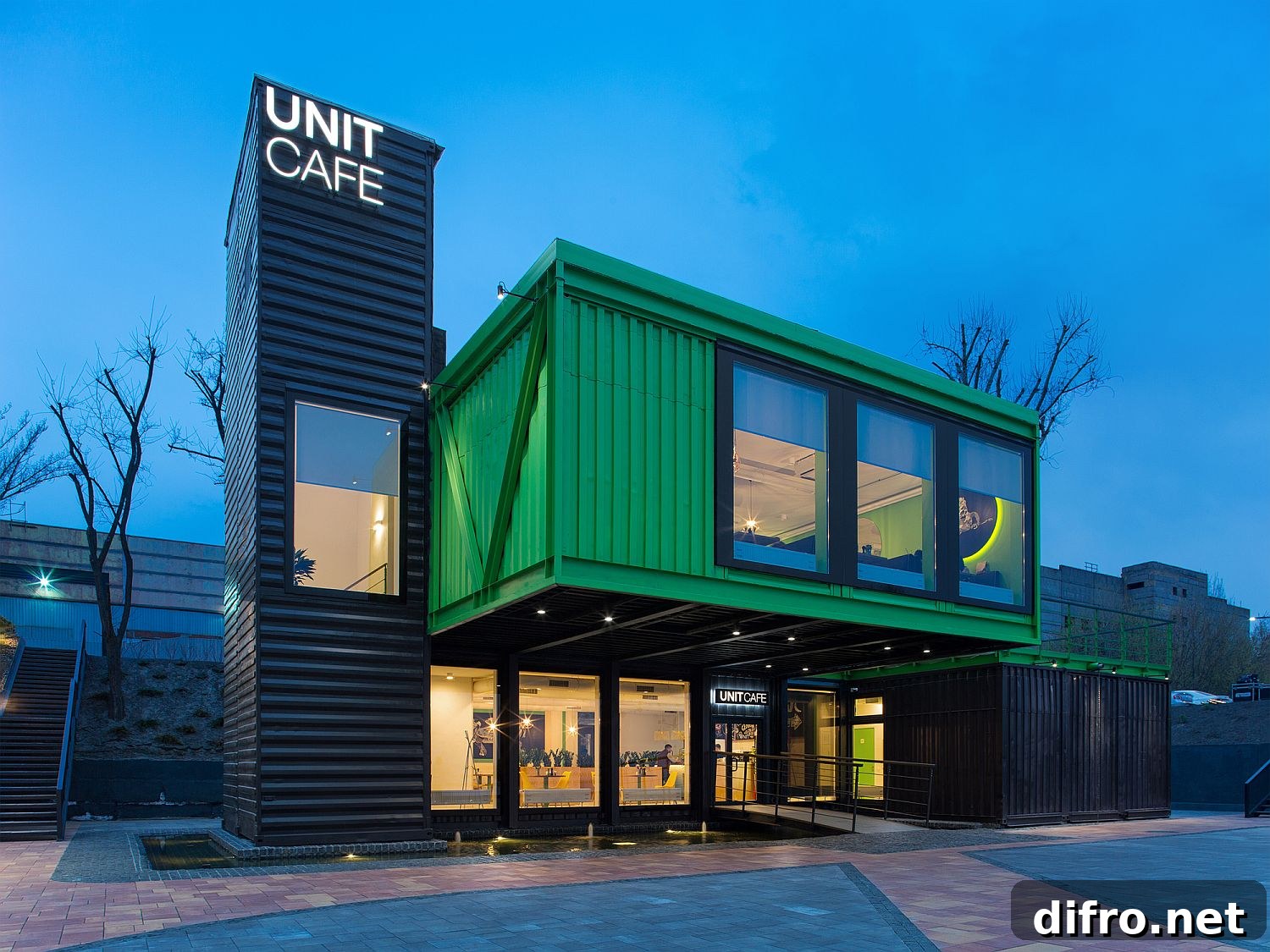 Unit Cafe exterior built from shipping containers