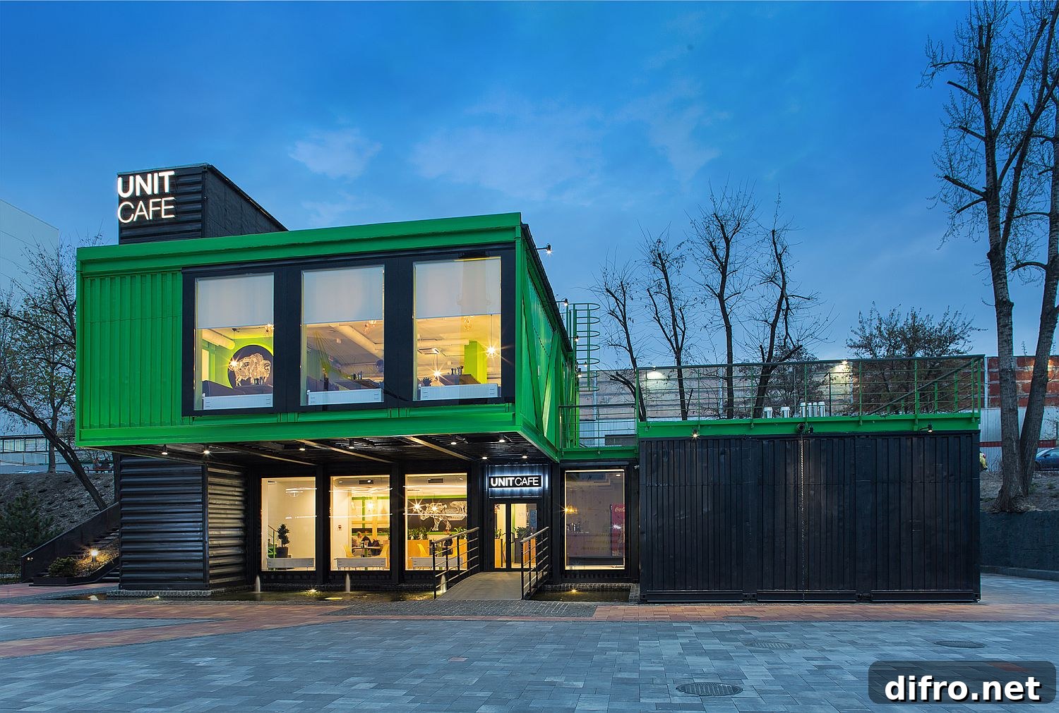 Black and green exterior of the Unit Cafe