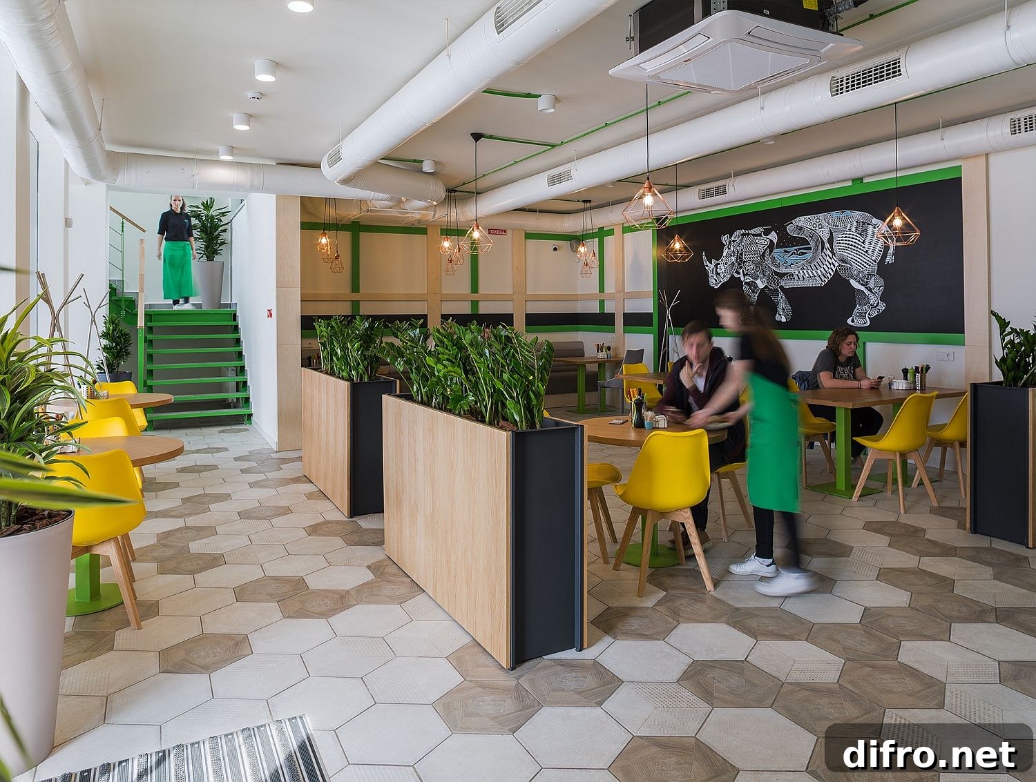 Polished interior of shipping container café