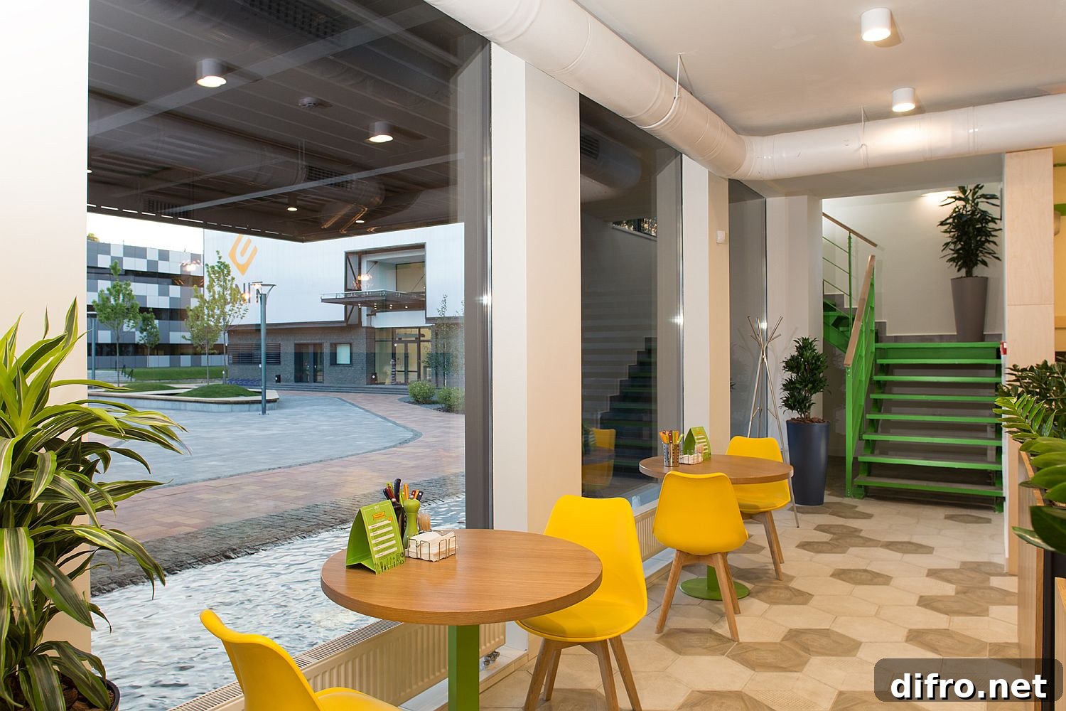 Modern industrial interior with bright colors
