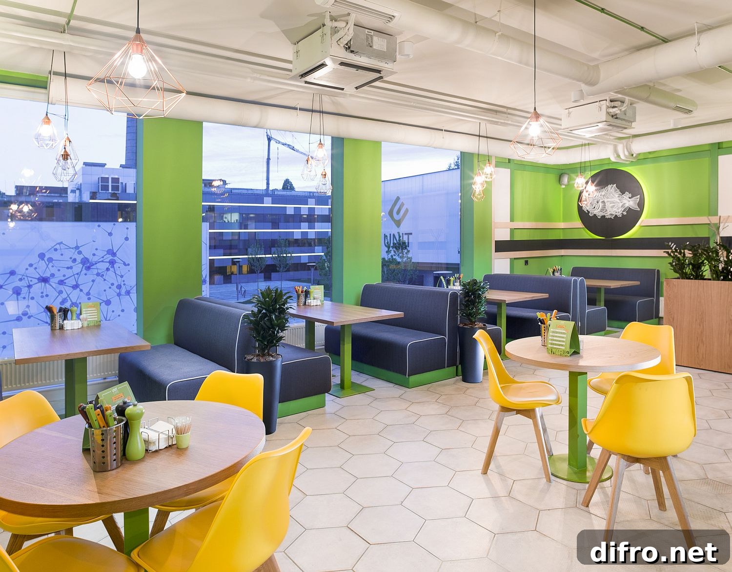 Interior with green accents and hexagonal tiles