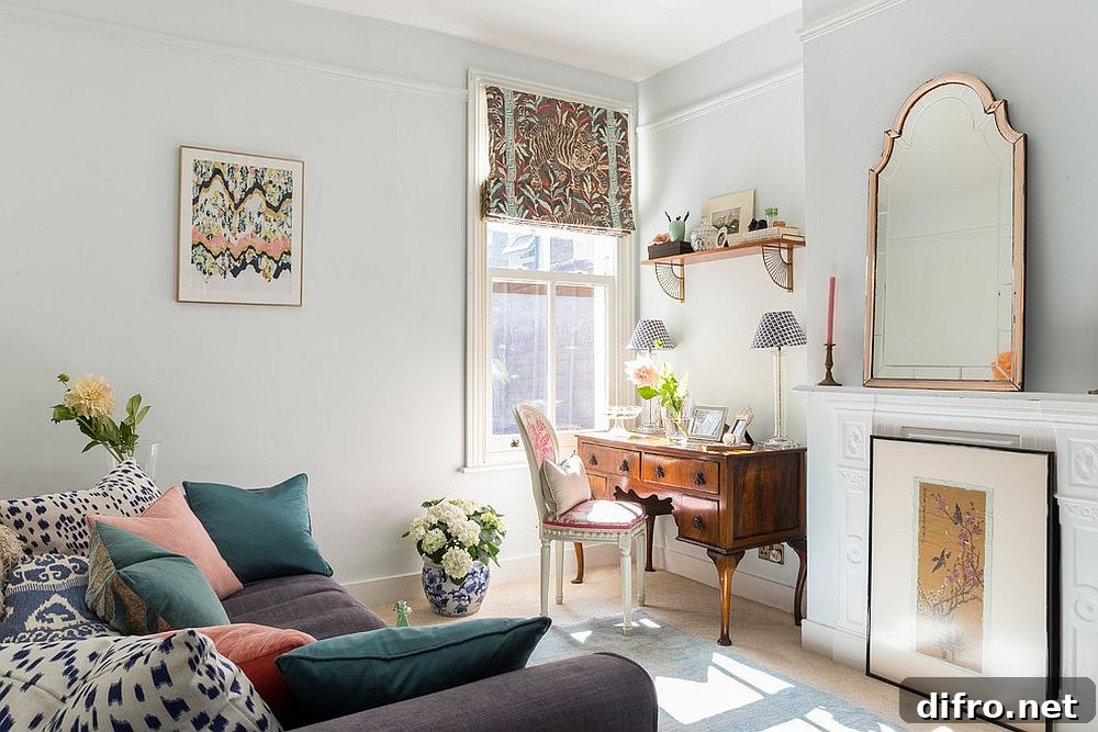 Light-filled home office in white with throw pillows bringing in pastel hues