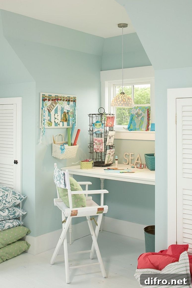 Small beach style home workspace in pastel blue