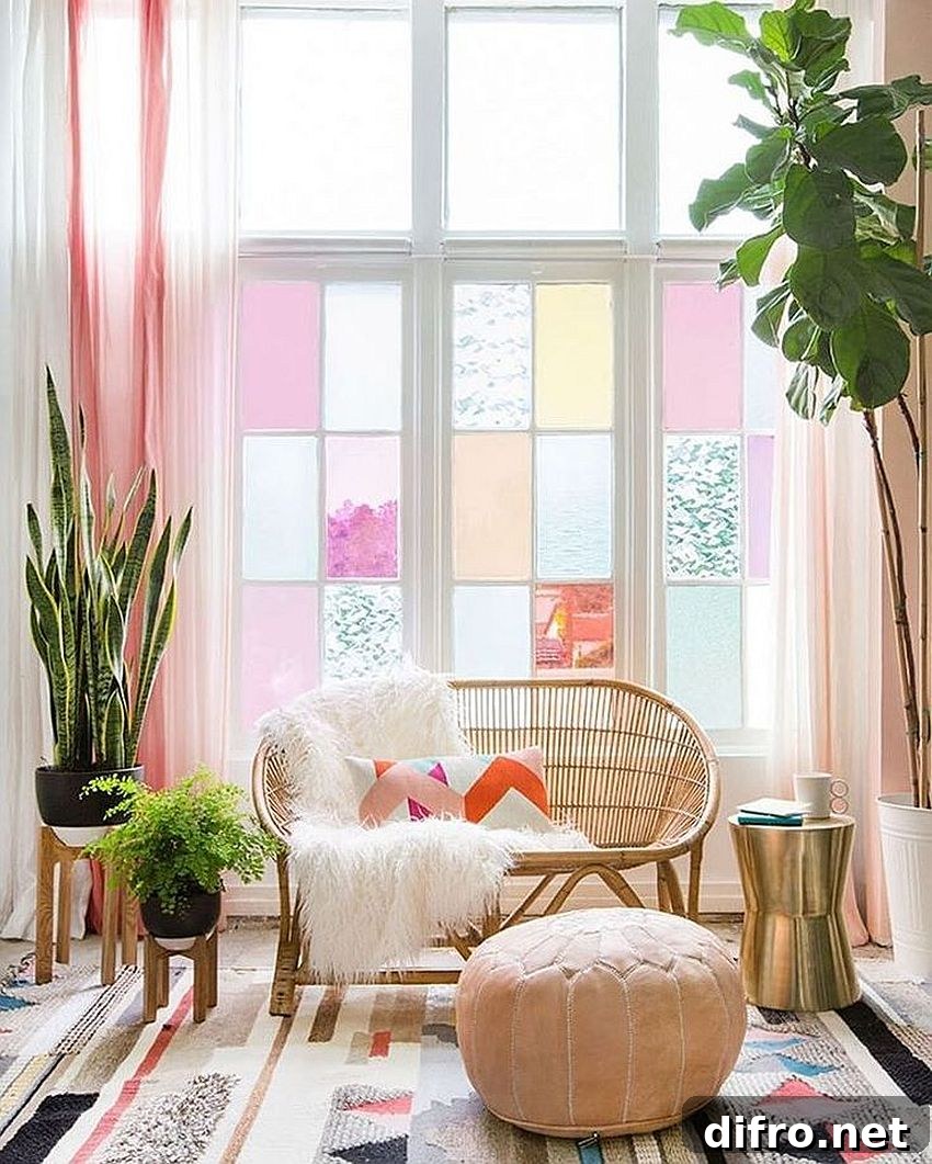 Gorgeous home office in lovely pastels with refreshing indoor plants