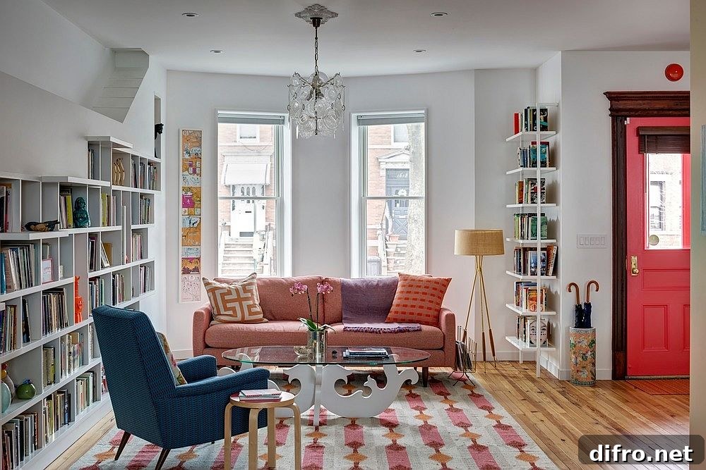 Interior showing different shades of pink and coral