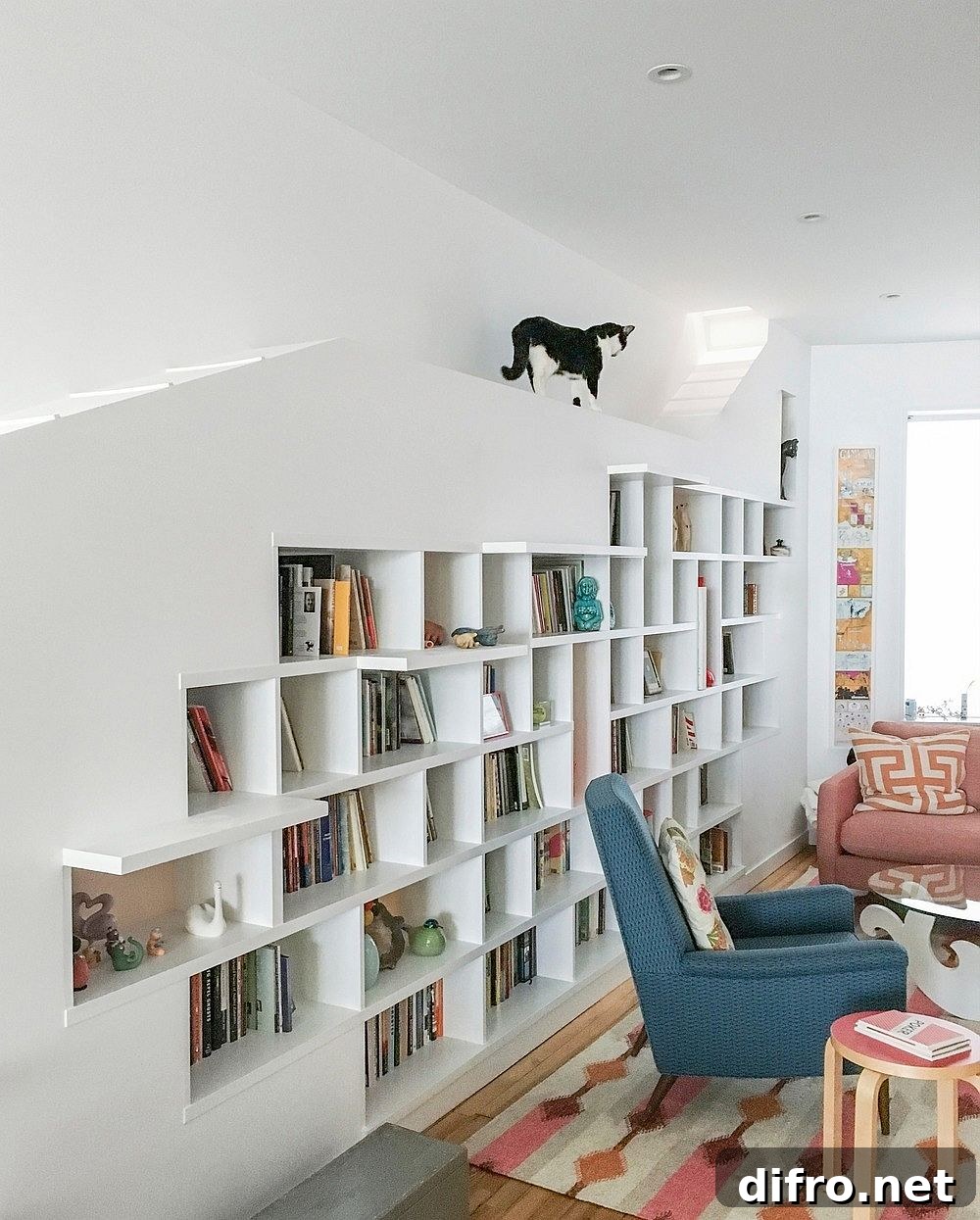 Full-length bookshelf that also serves as cat circulation