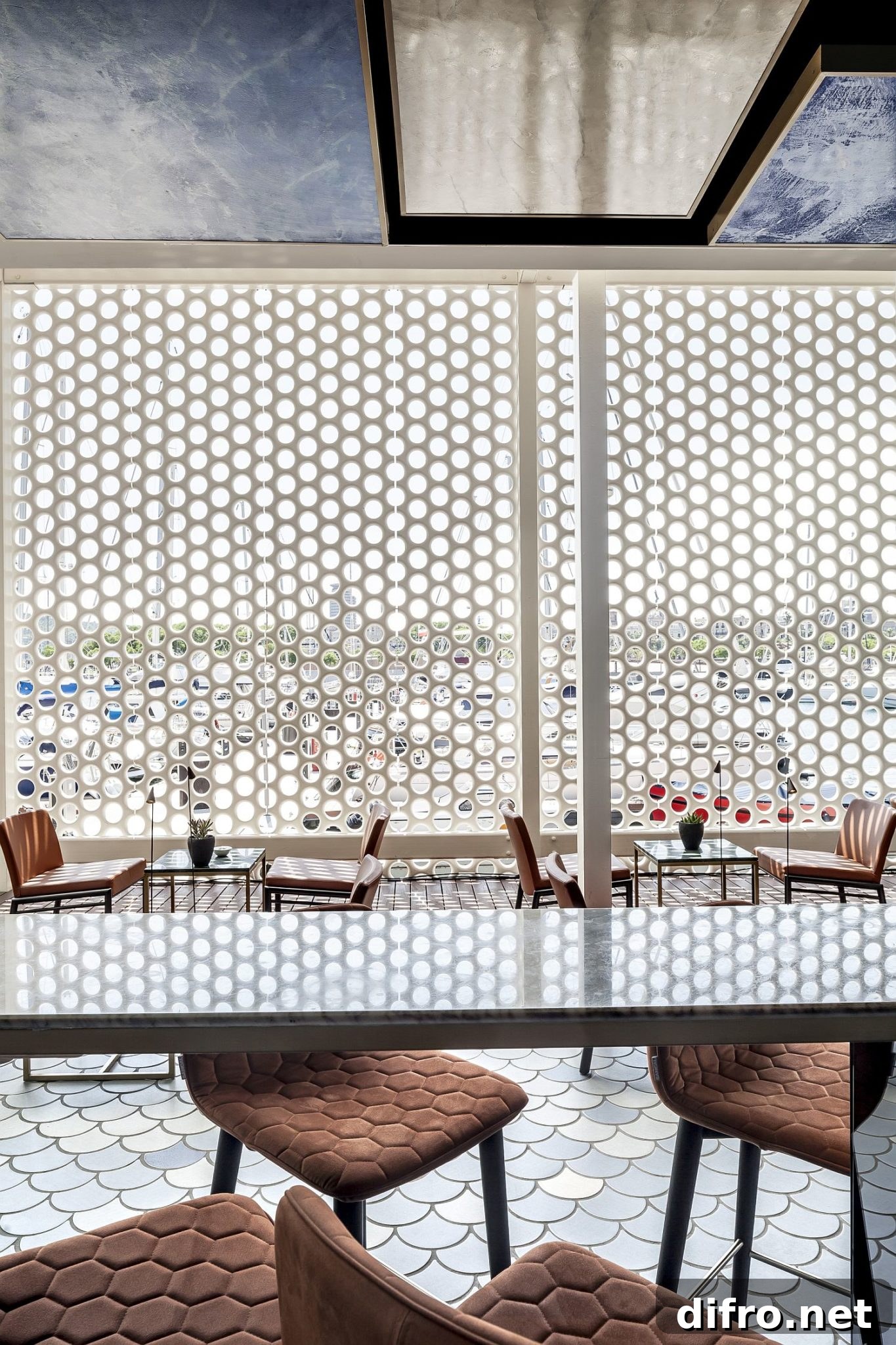 Existing white lattice of the building is carefully intertwined with the bar design