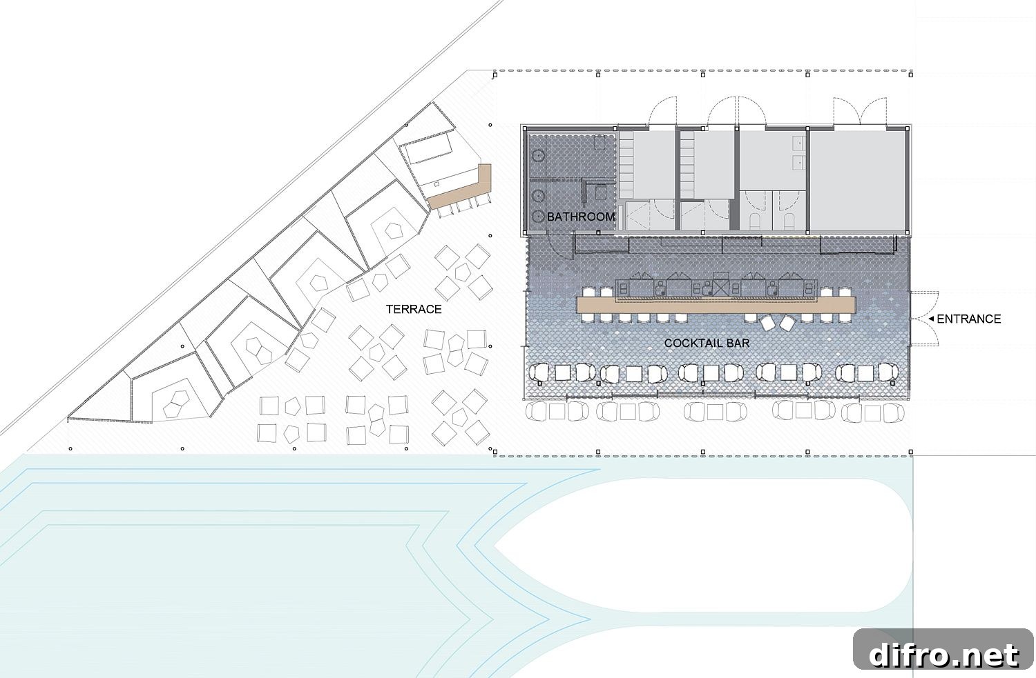 Design and plan of the Blue Wave Bar in Barcelona