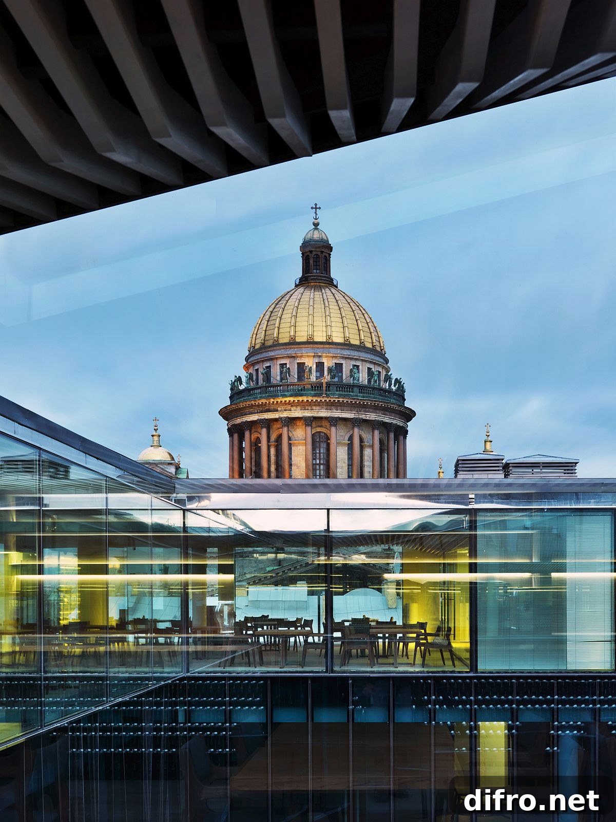 Interior view of Mansarda Restaurant with panoramic city views