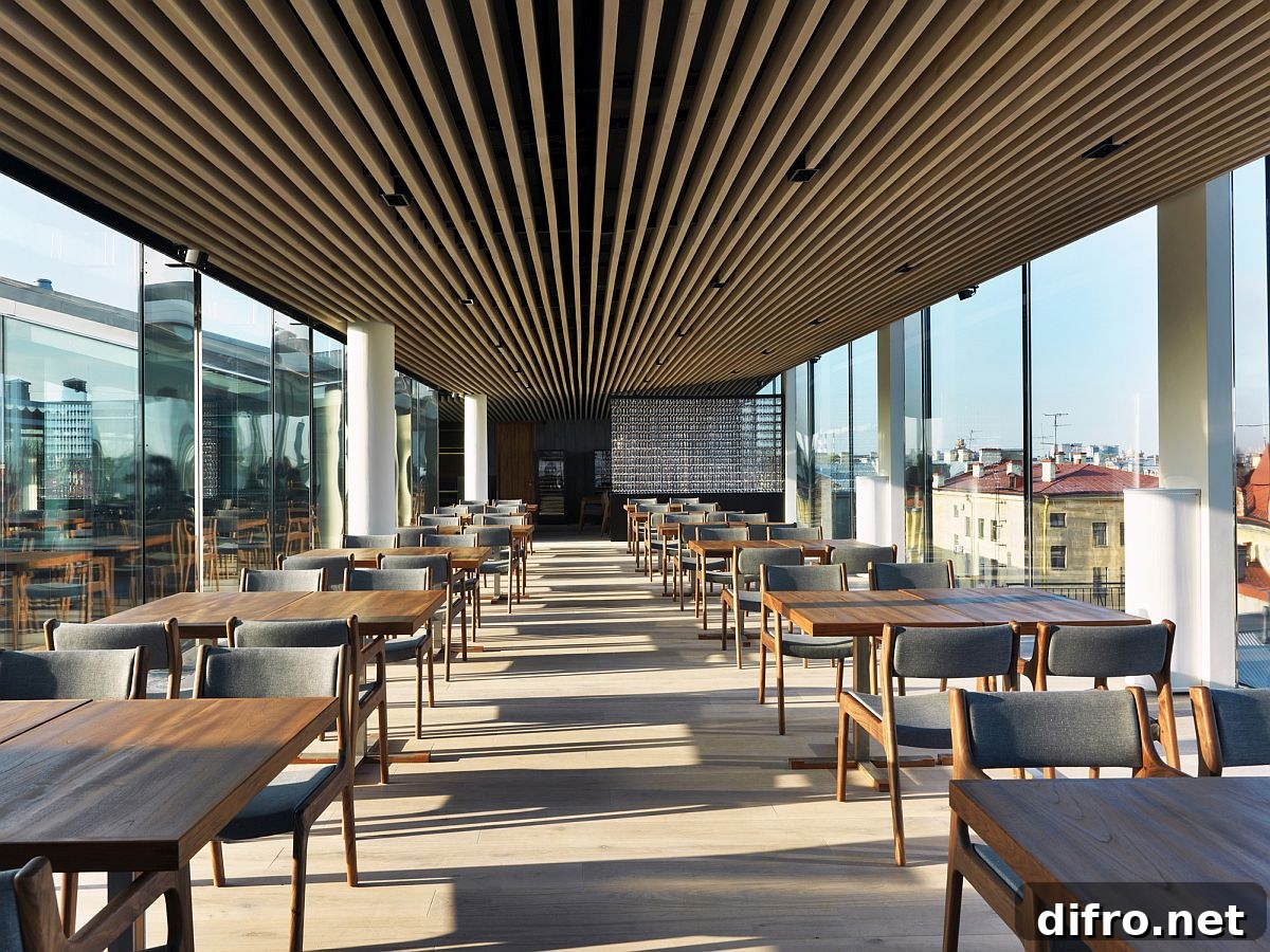Detail of oak strip ceiling in Mansarda Restaurant