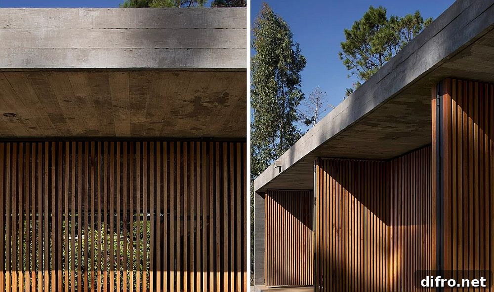 Closer look at the wooden-slat-clad facade of the house
