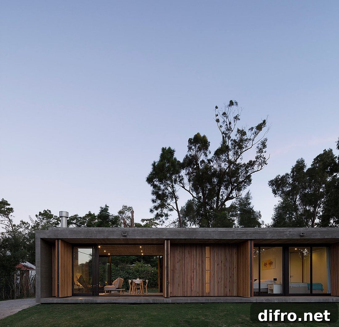 Folding doors with wooden slats open up to connect the interior with outdoors