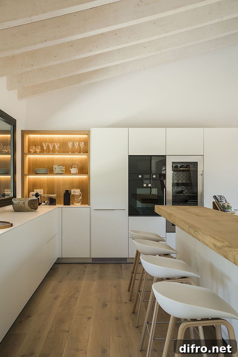 LED strip lighting on open wooden kitchen shelf