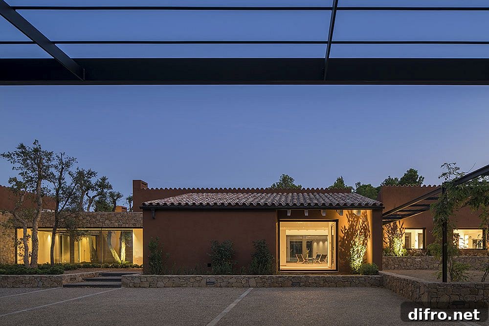 Exterior stone walls and terracotta tiles