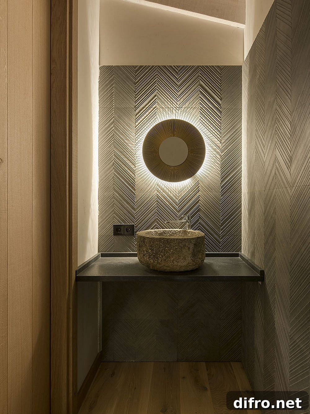 Small powder room with striking pattern and lighting