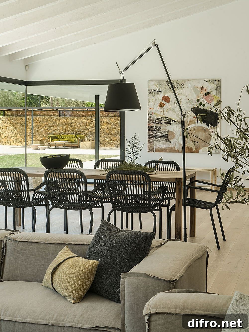 Dining room with dark table and floor lamp