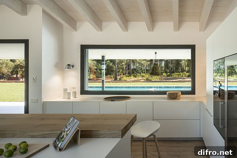Window above the kitchen counter with a pool view