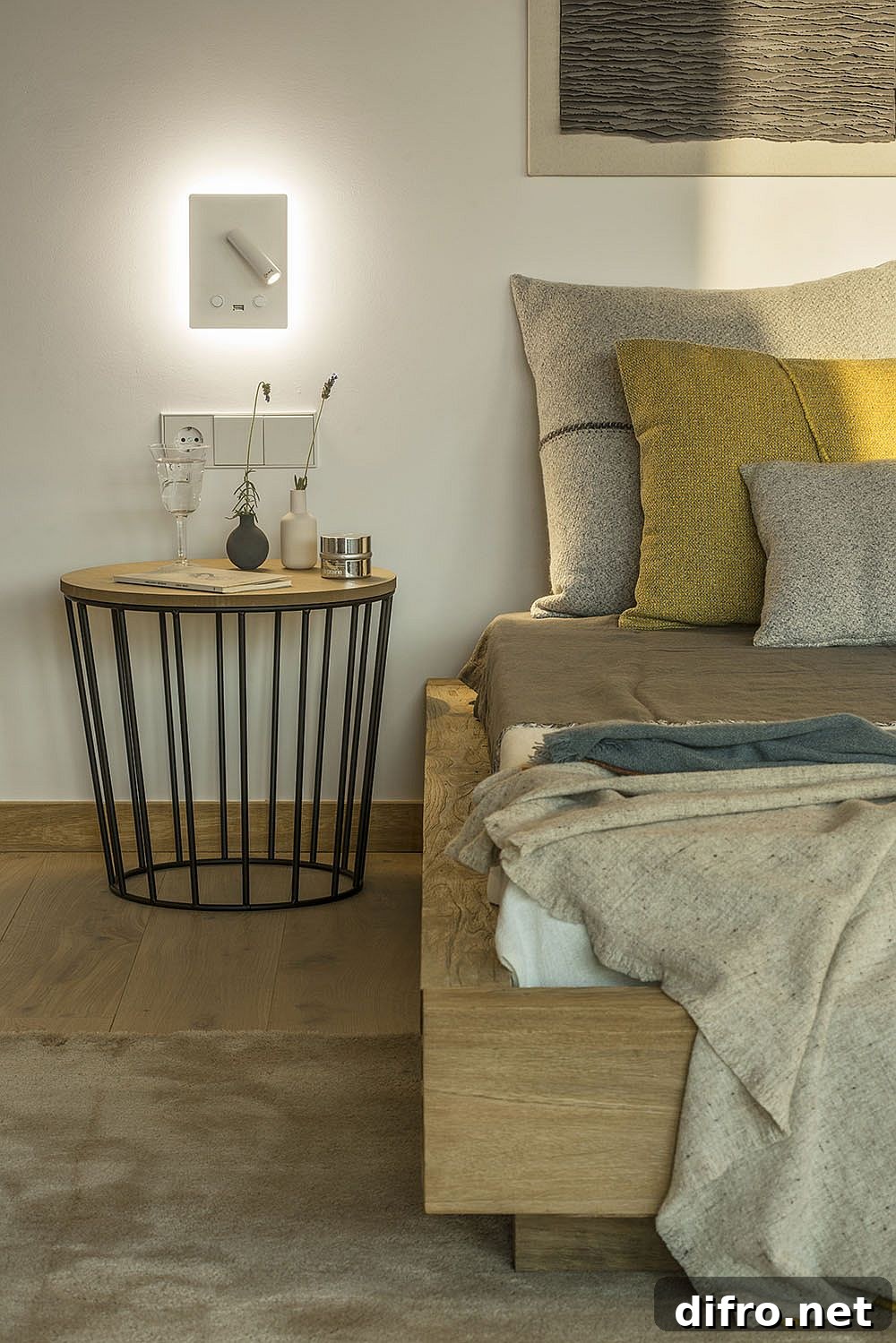 Round modern bedside table with metallic base