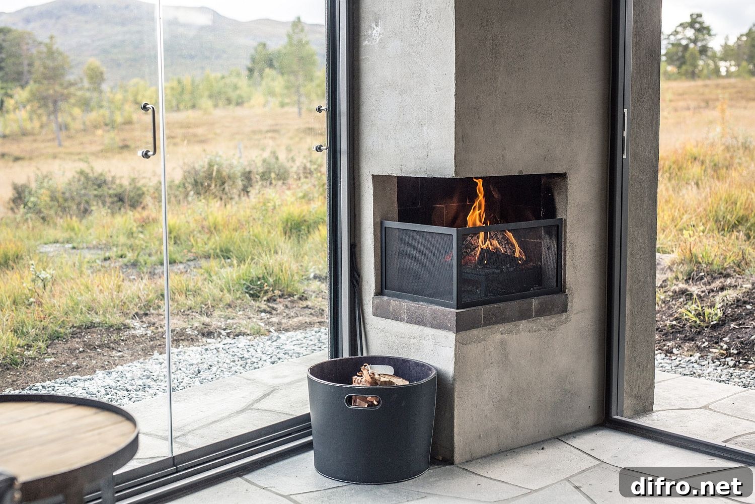 Small corner fireplace built into the cabin