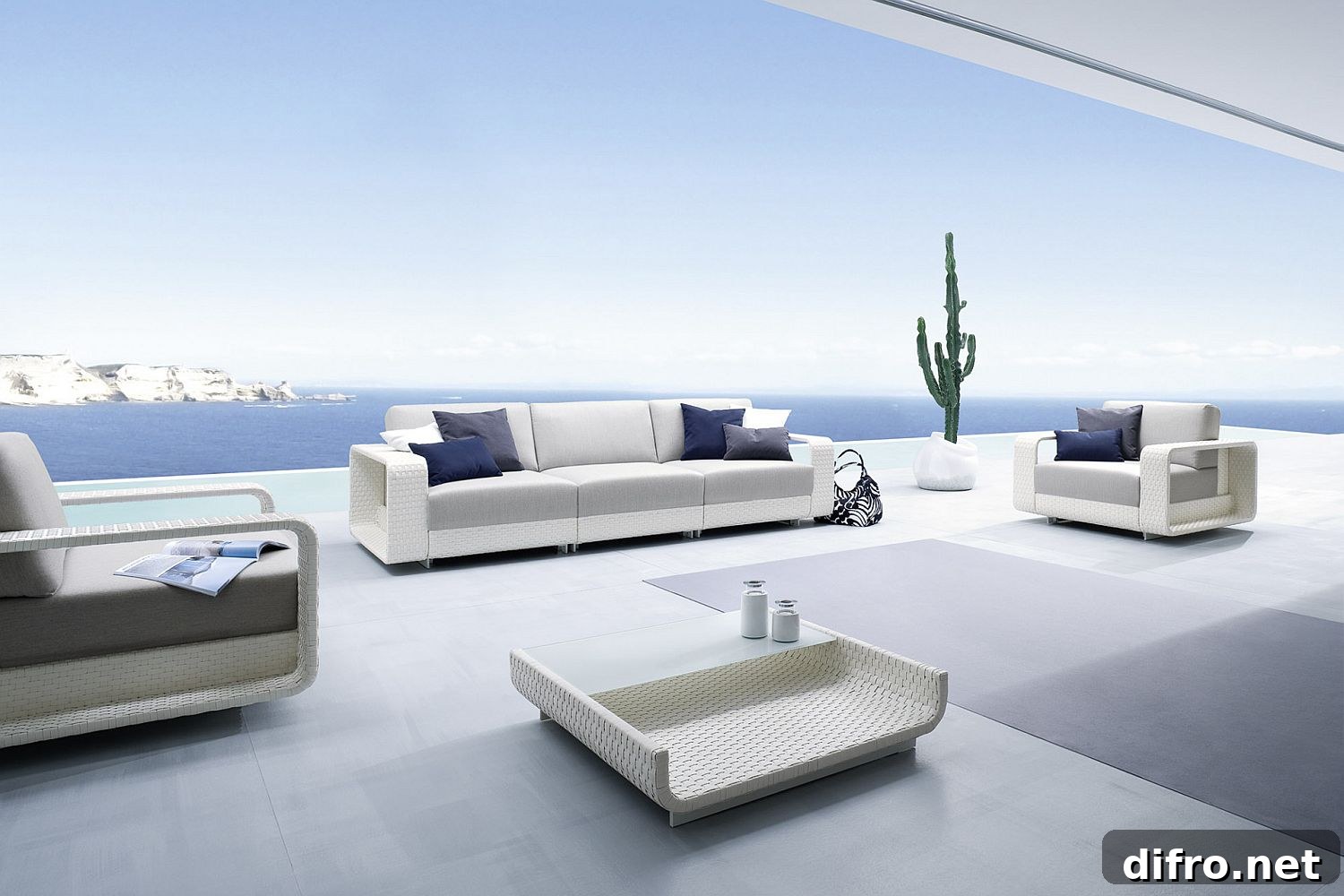 Blue, white and gray outdoor furniture for a coastal style deck
