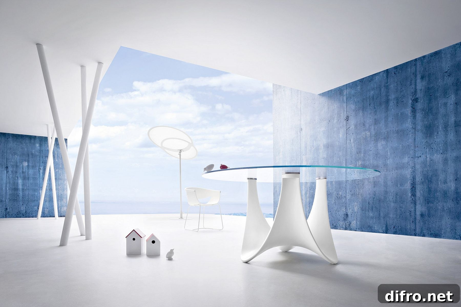 Sculptural round outdoor table for the minimal modern deck