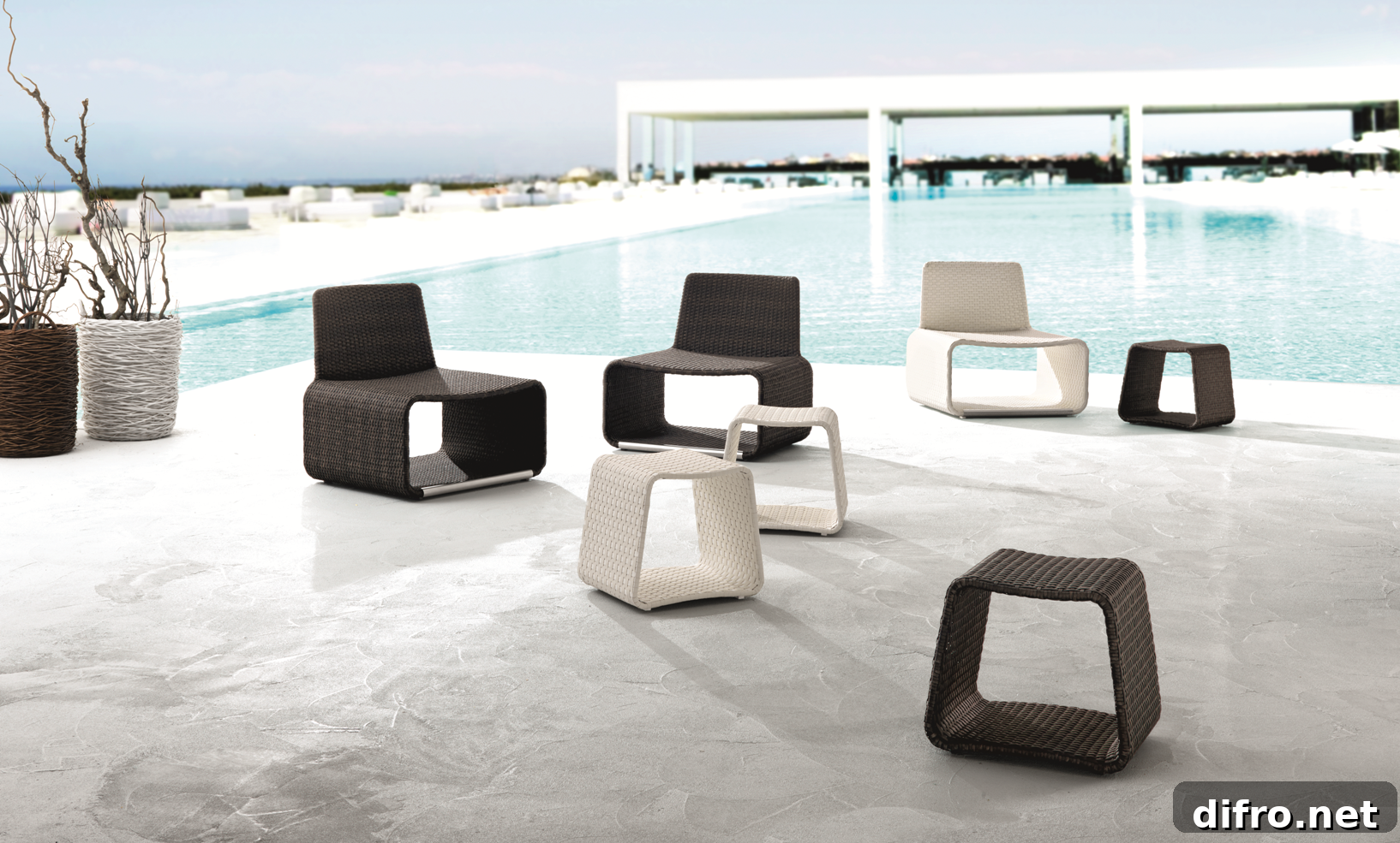 Outdoor chairs and side tables in black and white