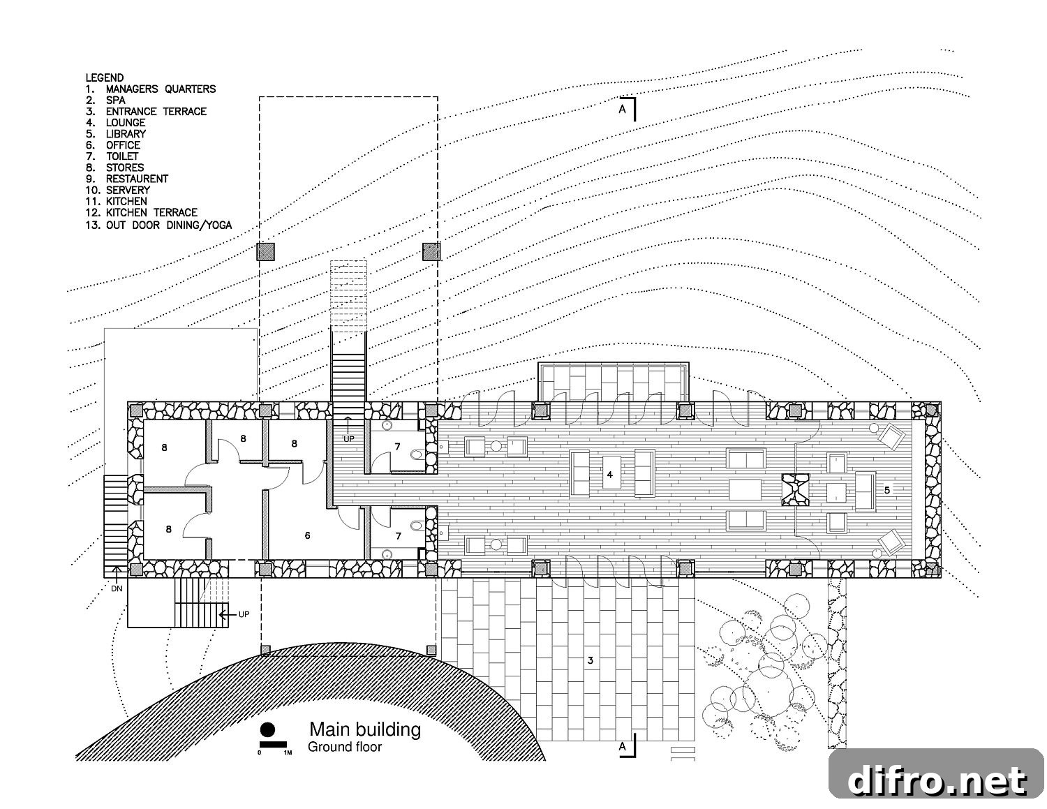 Floor plan of the lower level at The Kumaon hotel