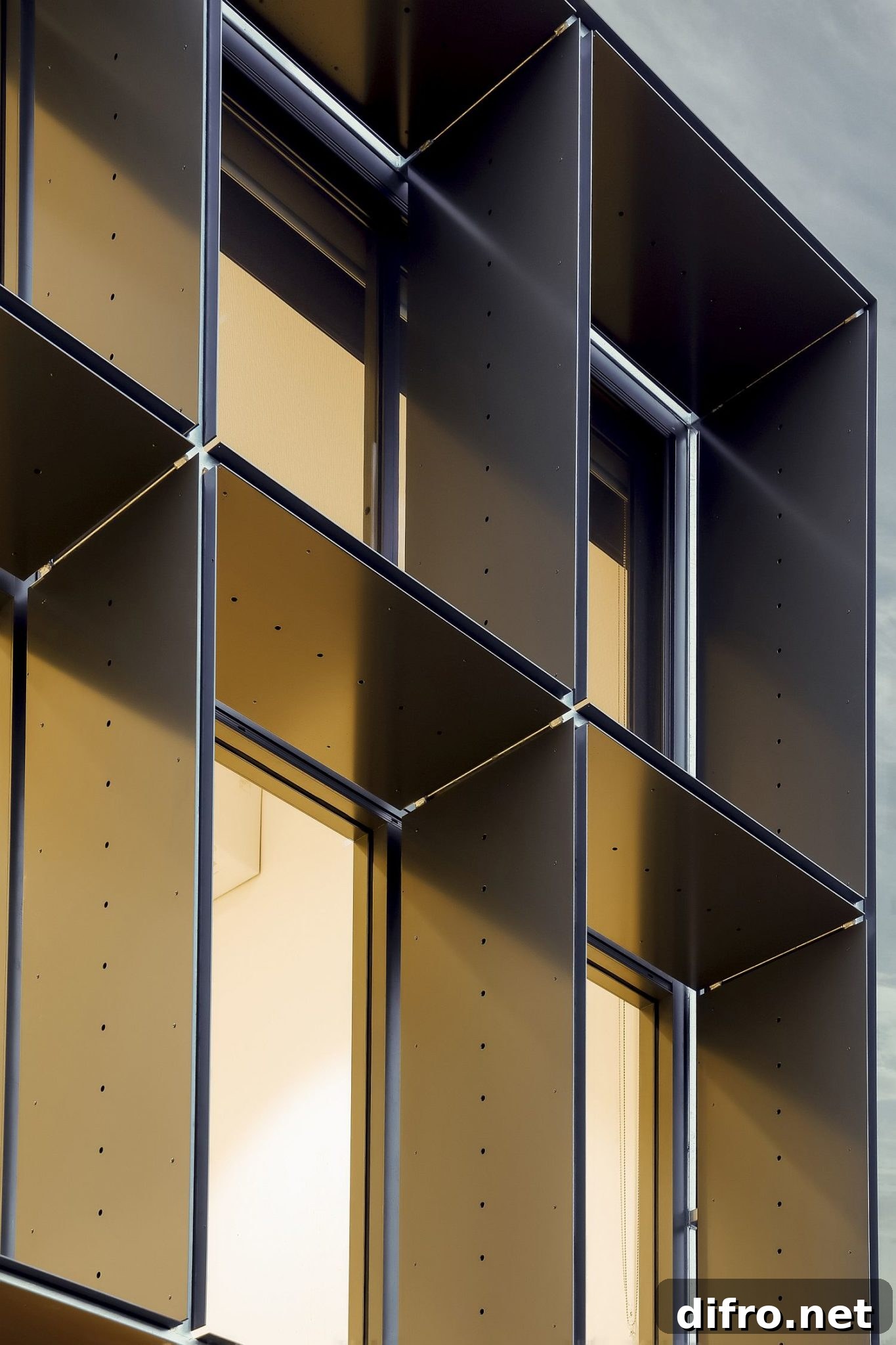 Single dot perforated flat plate aluminum panels give the top level a unique look
